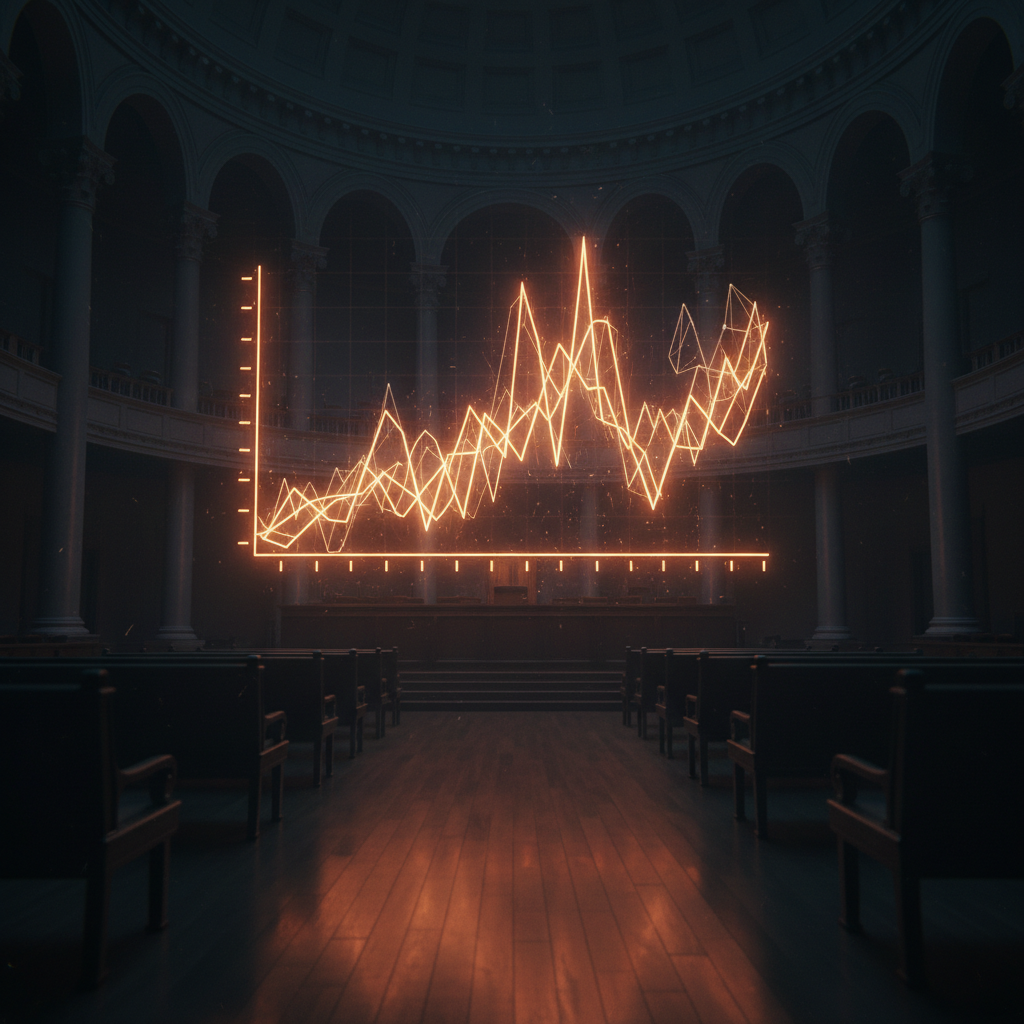 Legislative Capitol pillars illuminated by orange neon crypto market structure legislation charts.