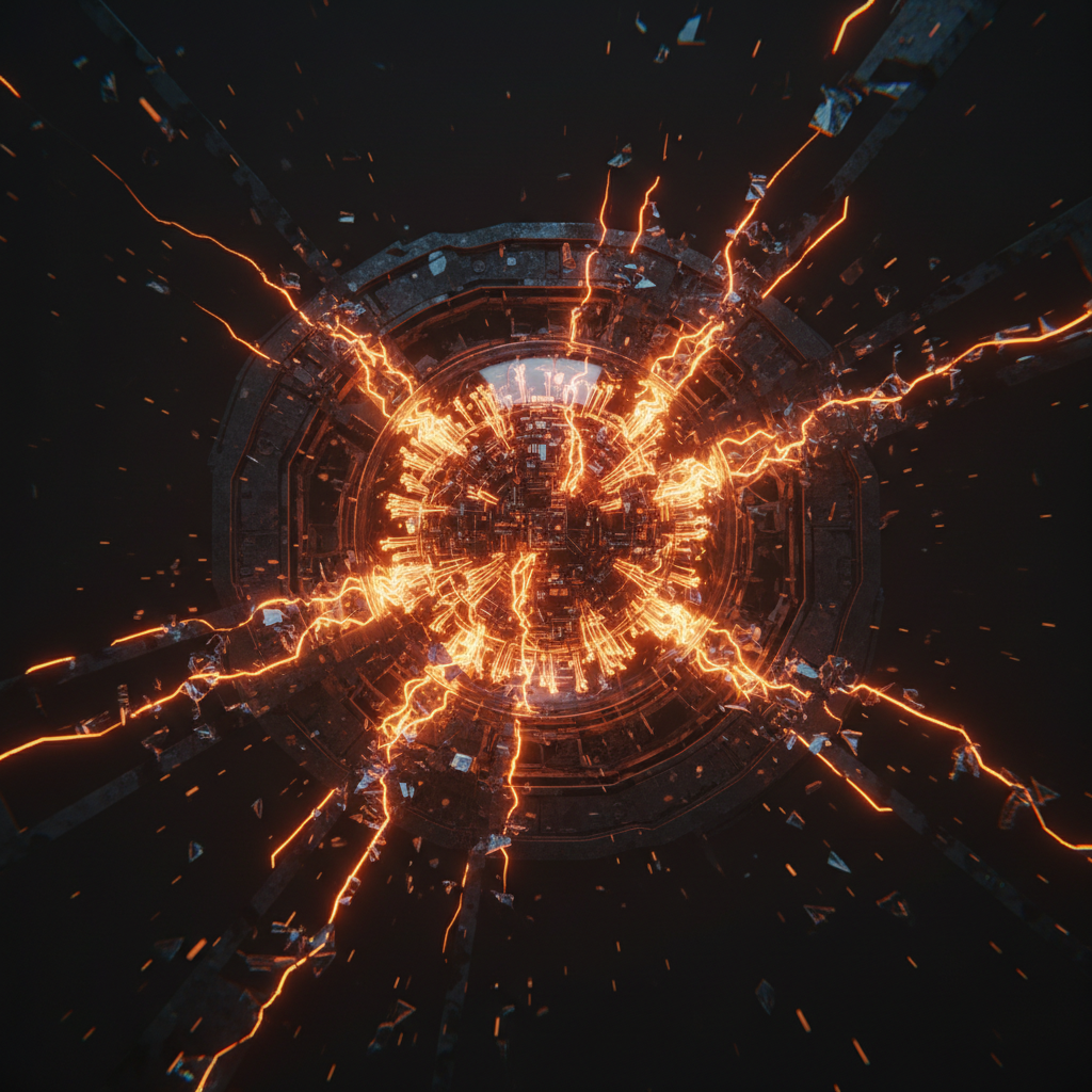 Glowing digital mainframe representing OpenAI model safety surrounded by orange neon circuitry.