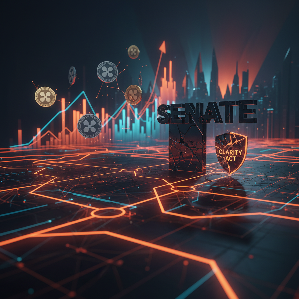 Conceptual regulatory scales representing the Ripple CLARITY Act debate with neon orange highlights