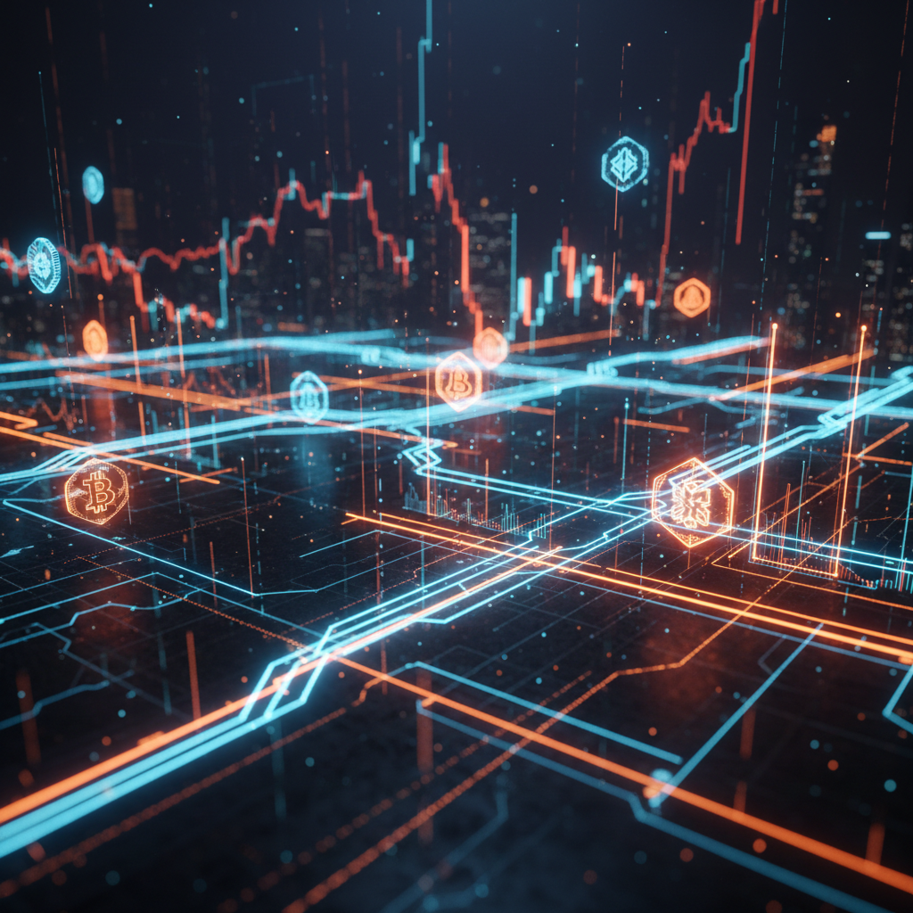 Digital trading terminal visualizing onchain tokenized stocks trading with orange neon data.