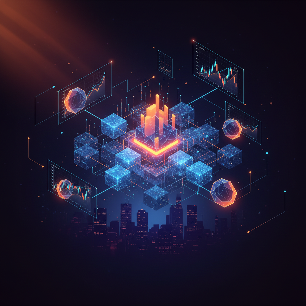 A futuristic stock trading screen displaying tokenized US equities across glowing orange blockchain pathways.