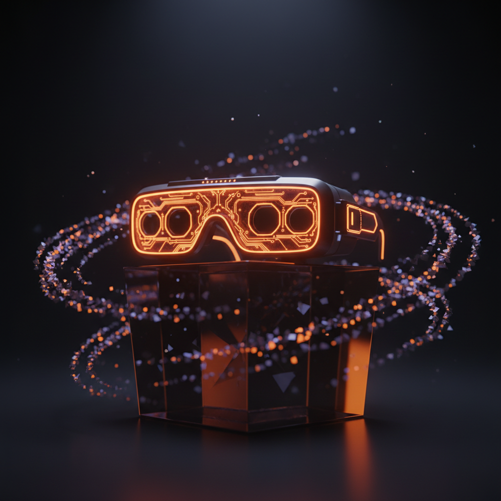 Futuristic Snap AR glasses emitting orange illumination on a dark corporate tech background