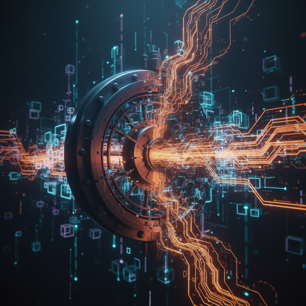 Glowing blockchain lines merging into a digital bank vault illustrating bank stablecoin integration.