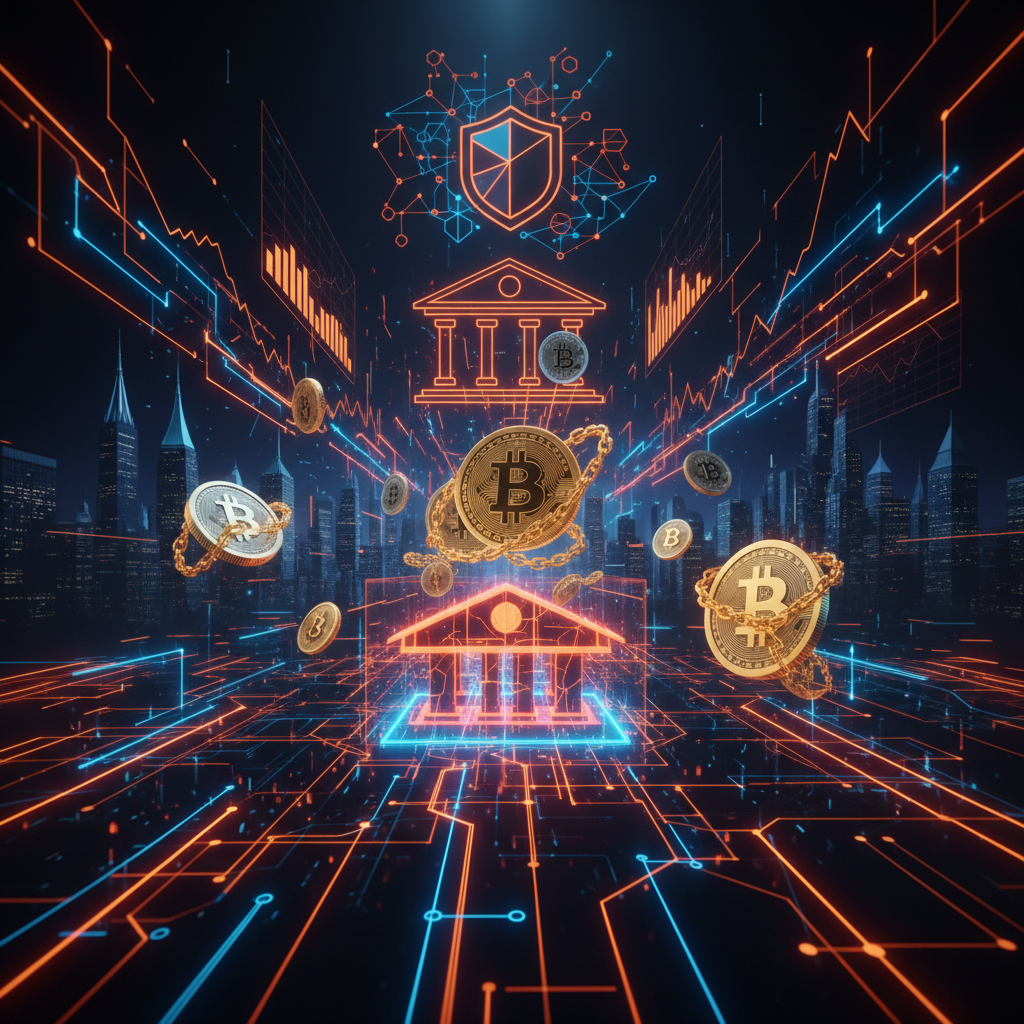 A digital security lock representing BitBank Treasury sanctions on a dark background with orange lights.