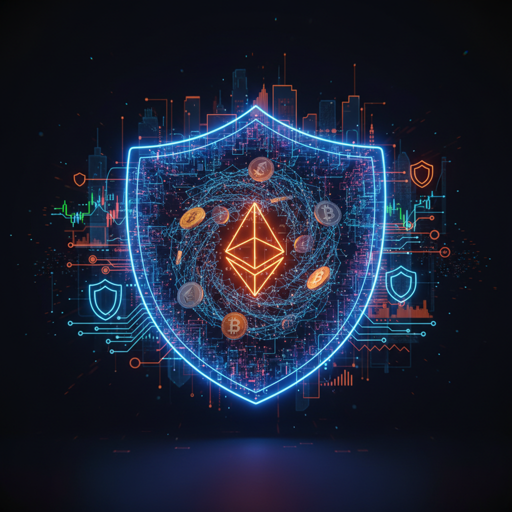 Glowing cryptographic shield representing Vitalik Buterin AI verification concepts in dark cyber aesthetics.