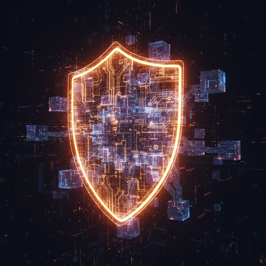Digital security shield representing Vitalik Buterin AI cybersecurity defense thesis in orange lighting