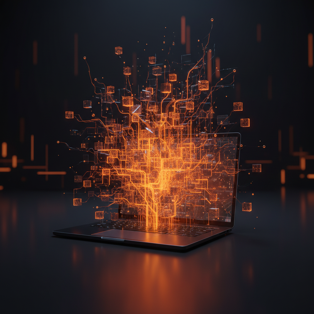 Modern laptop running Vitalik Buterin local AI architecture with glowing orange neural connections
