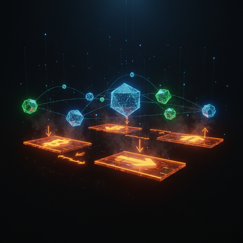 Abstract digital trading view representing comprehensive crypto price analysis with glowing orange market markers.
