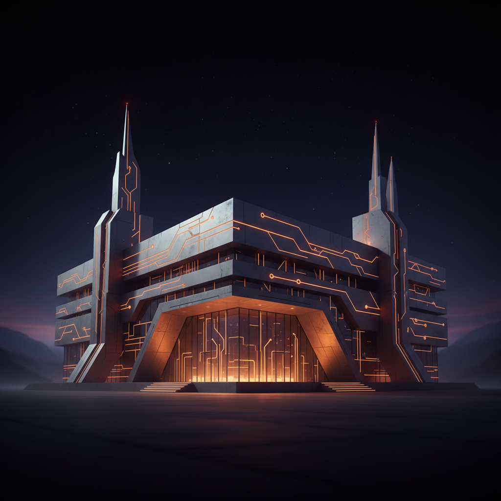 Architectural banking structure illuminated by glowing orange circuits showing stablecoin banking adoption trends.