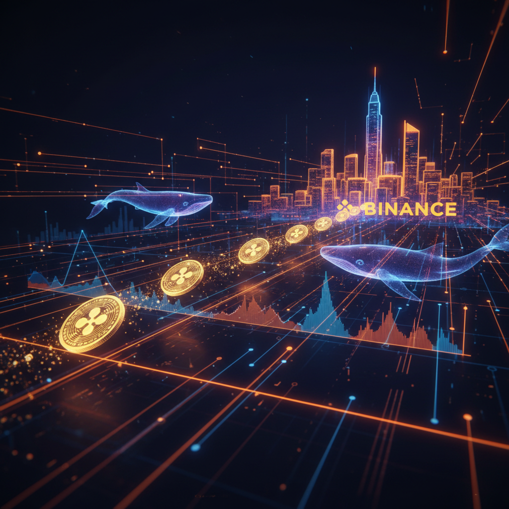 Futuristic digital whale swimming in dark waters depicting XRP whale inflows on Binance.