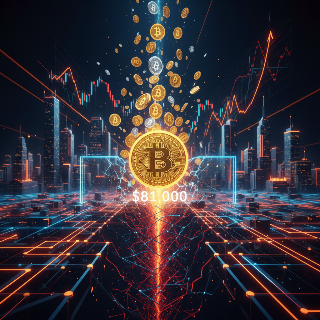 Volatile market charts and glowing liquidation indicators during a Bitcoin price surge.
