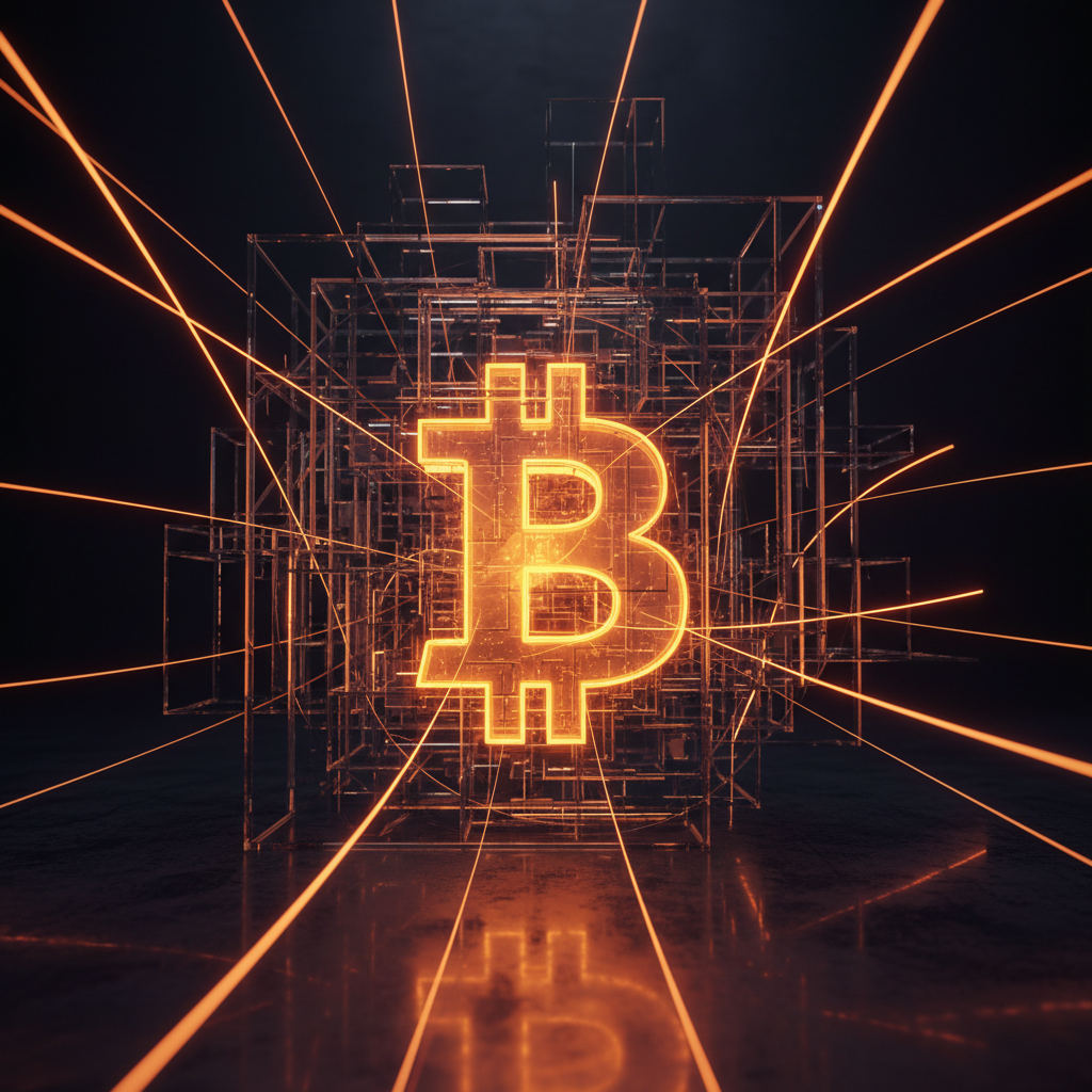 Golden Bitcoin symbol confronting resistance barriers in an orange neon high-tech setting