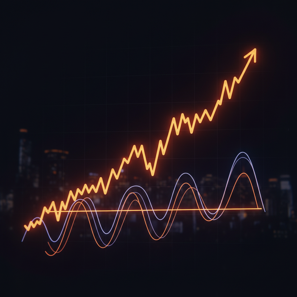 Technical cryptocurrency price chart highlighting an emerging Bitcoin bullish cross with bright orange momentum lines.