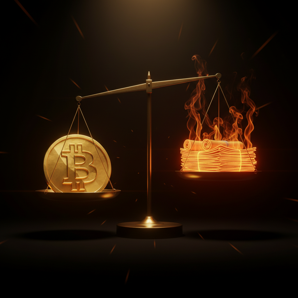 Financial chart weighing Bitcoin vs US Treasuries under glowing ambient orange lighting