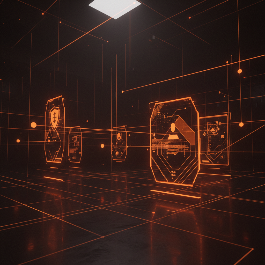 Abstract digital surveillance network depicting controversies surrounding DHS predictive policing and financial data pri