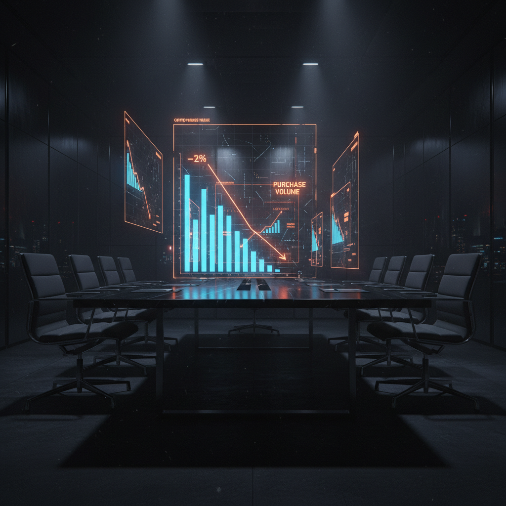 Digital display showing corporate Bitcoin demand metrics fading in a dark institutional trading room.