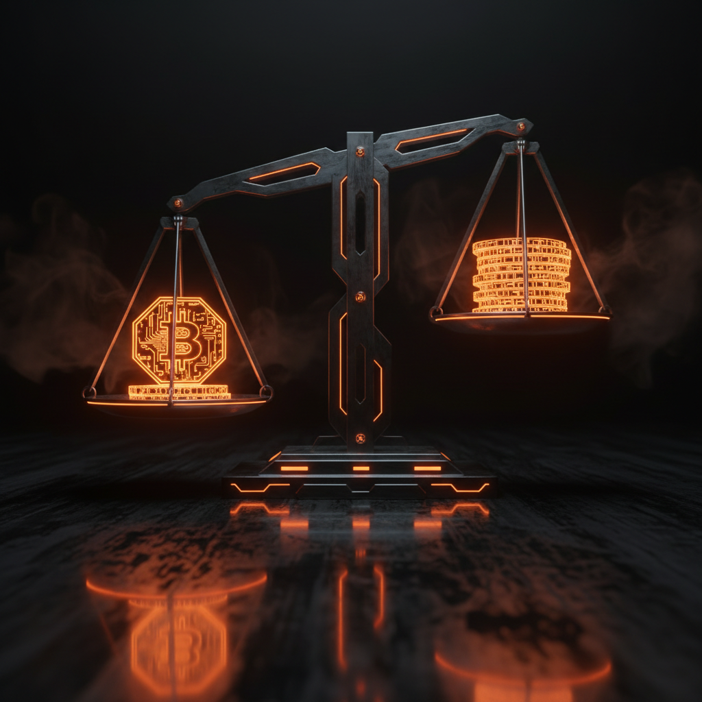 Digital balance scale visualizing token risk values adjustments with orange neon styling.