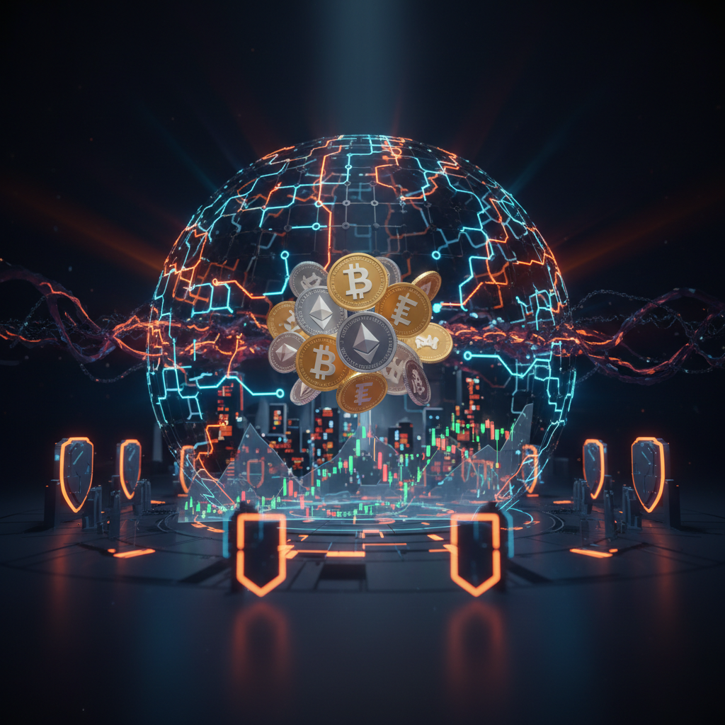 Protective shield demonstrating crypto hardware wallet security against digital network threats