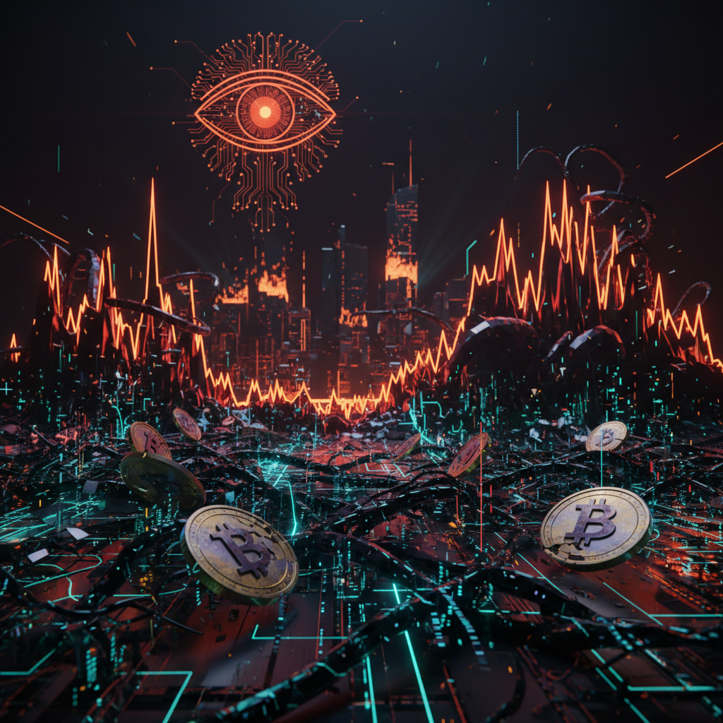 Futuristic digital network visualization highlighting rising blockchain malware activity with bright orange glowing node