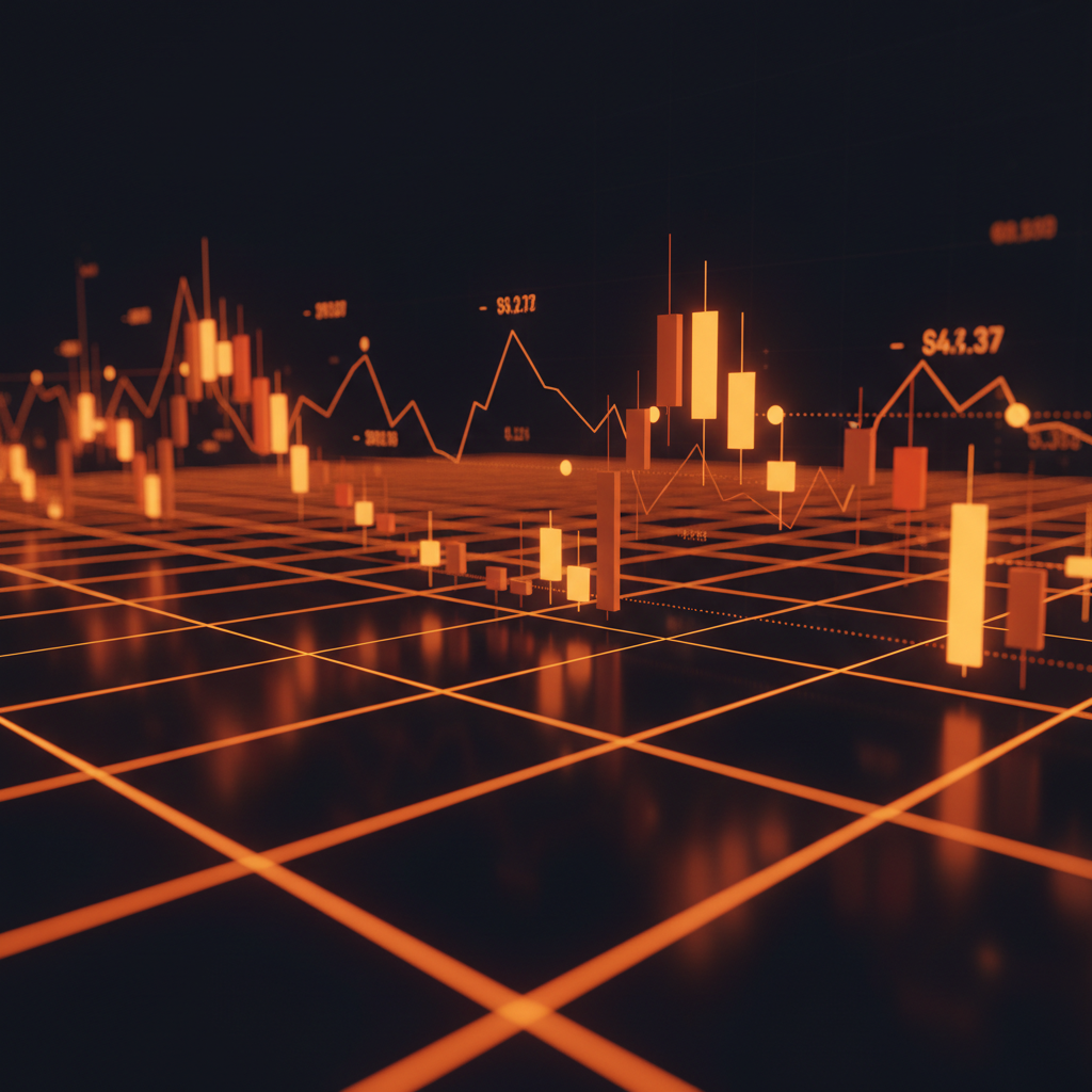 Financial chart displays tracking data for crypto market recovery analysis with vibrant orange glowing indicators.