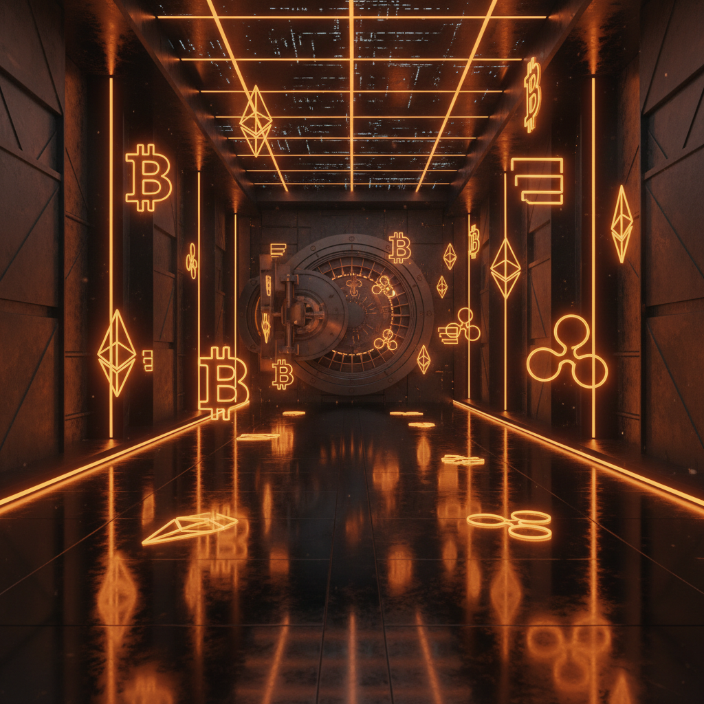 Futuristic secure vault highlighting data from the crypto millionaires report with vivid orange illumination.