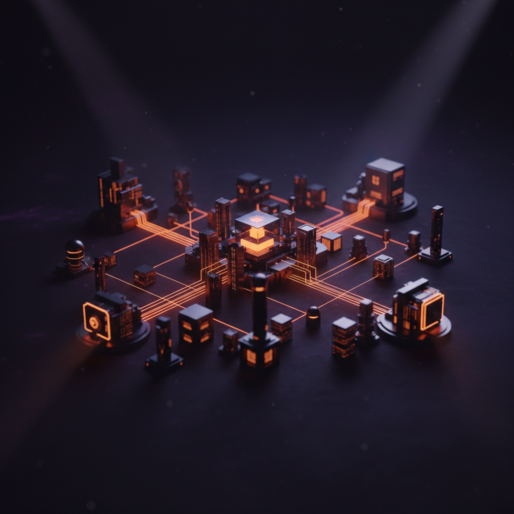 Conceptual 3D visualization showing interconnected financial nodes representing Bitcoin digital credit on a dark backgro