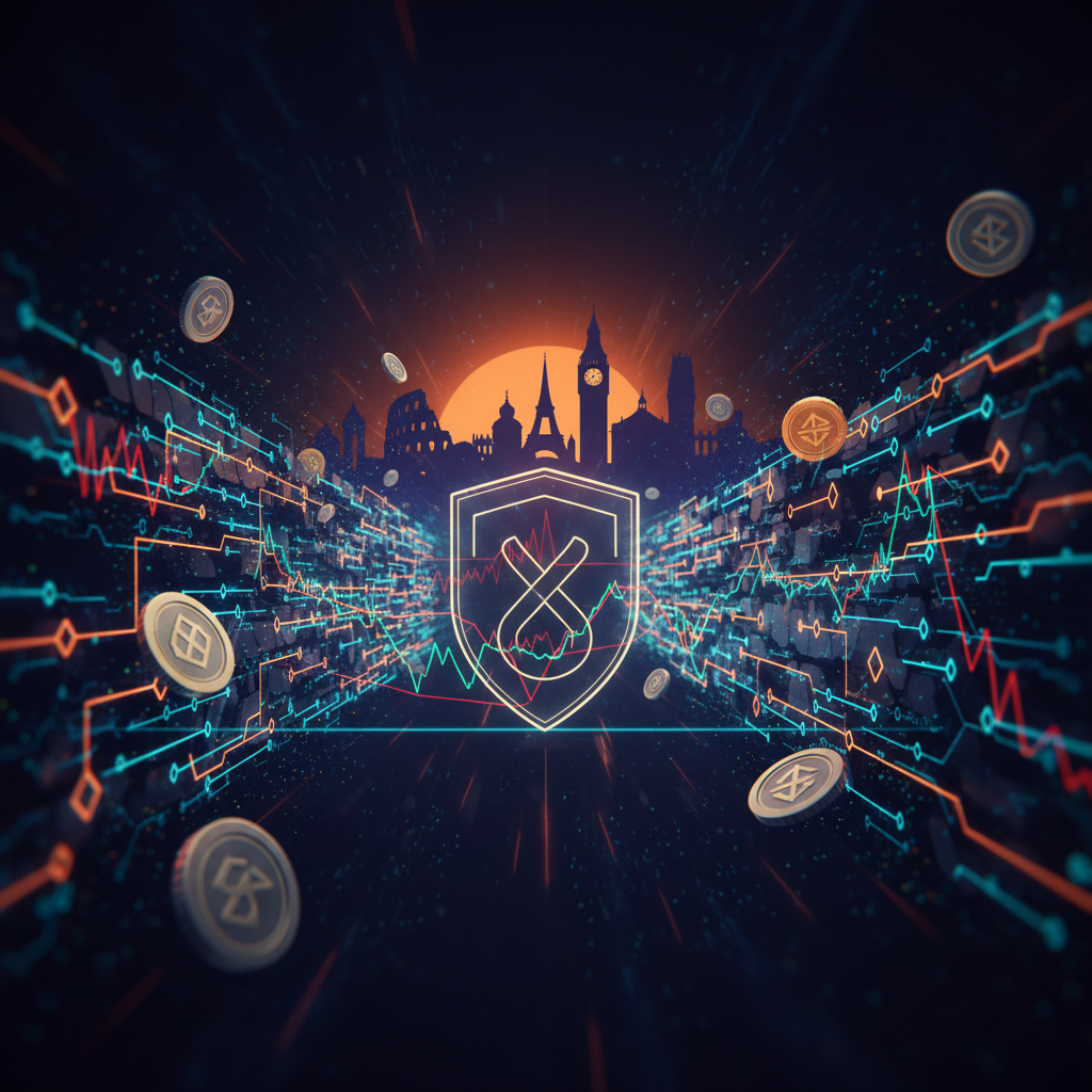 Digital network diagram representing the Binance ECB license block in the European Union.