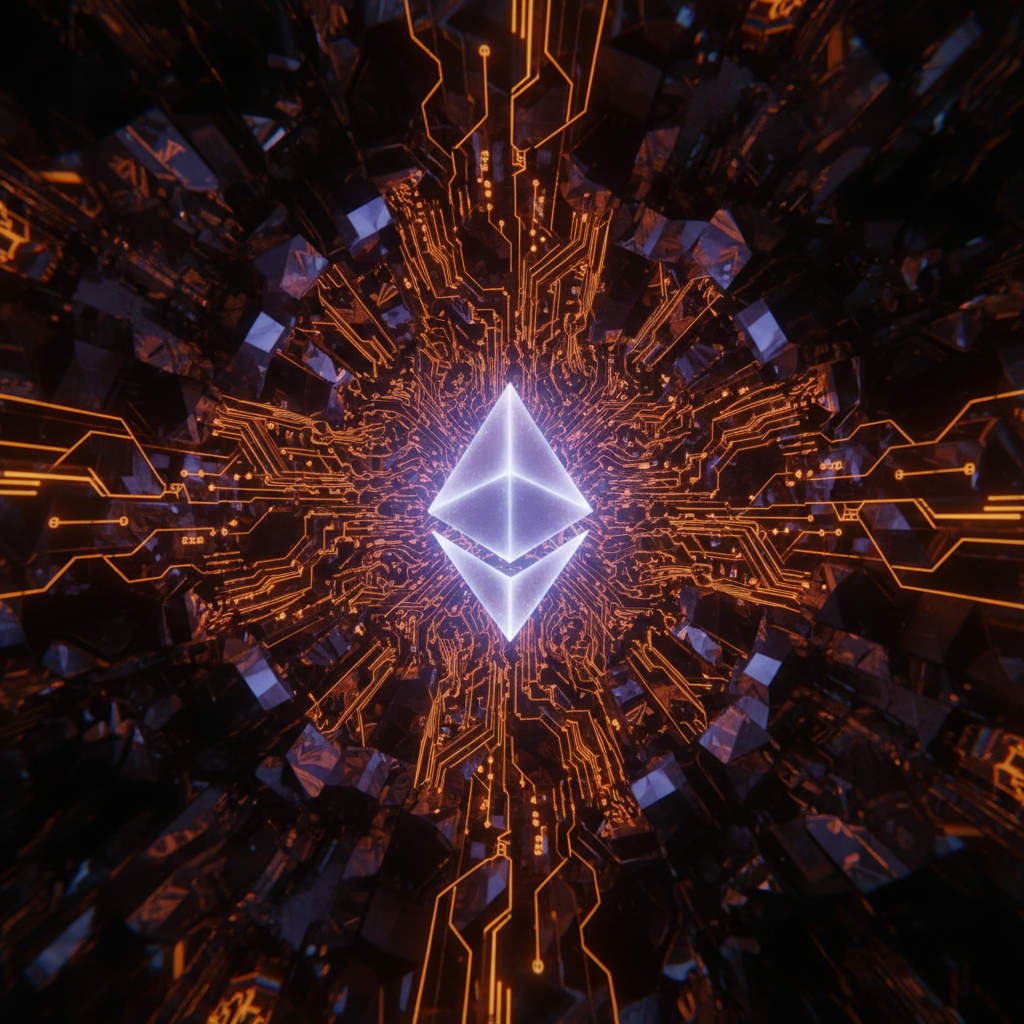 Futuristic visualization of the Ethereum Glamsterdam upgrade with glowing circuits on a dark backdrop.