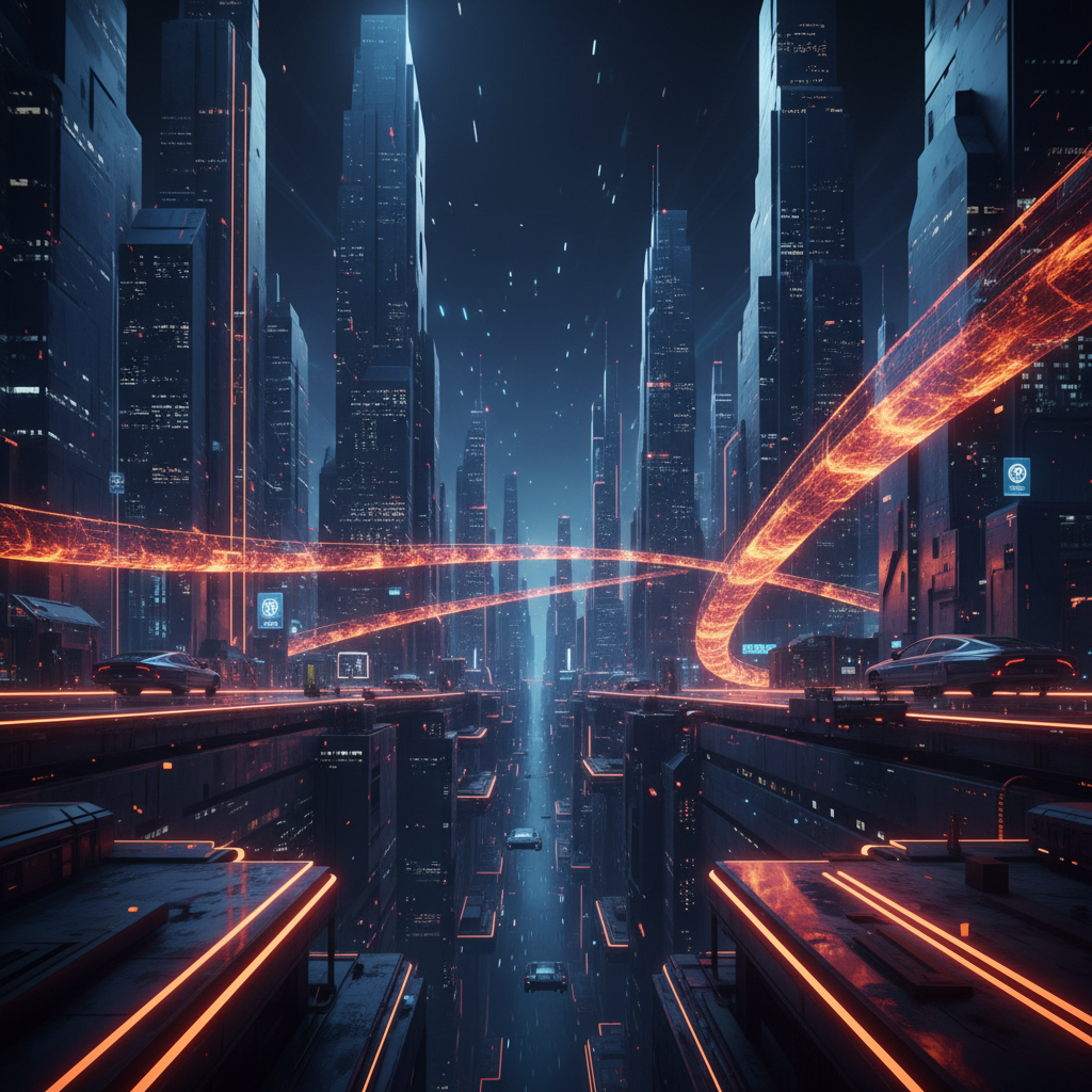 Glowing futuristic cityscape symbolizing the new SBI stablecoin investment in enterprise fintech.