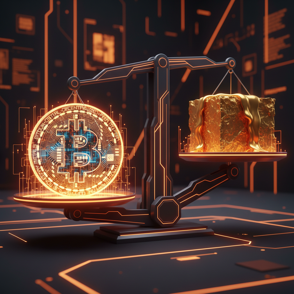 Digital visualization of Bitcoin ETF hedging mechanisms alongside gold assets on dark background.