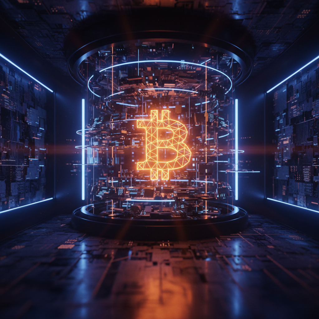 A glowing Bitcoin symbol resting safely amidst complex circuits highlighting the Bitcoin price prediction narrative.