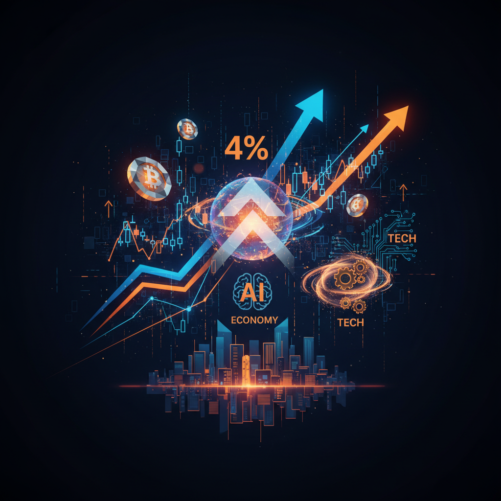 Digital economic growth indicators and neural networks representing AI economic growth.