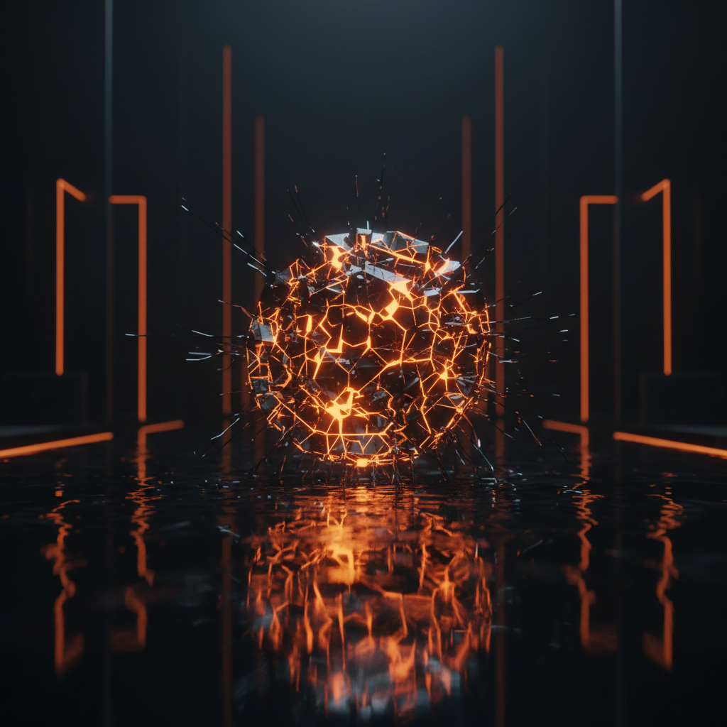 Dark conceptual scene depicting the Neutrl NUSD depeg with shattered digital structures glowing orange.