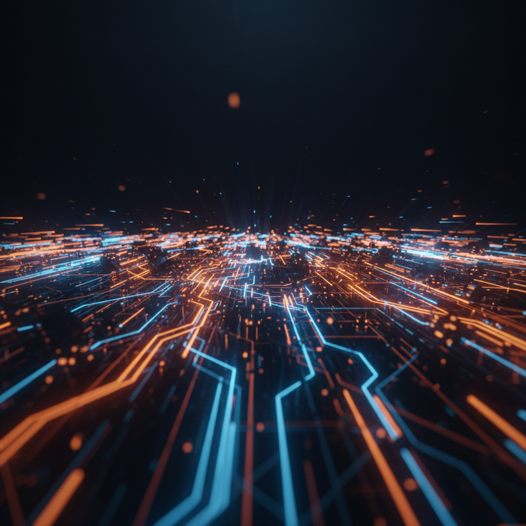 Digital transaction network nodes illustrating decentralized trading volume with orange neon visual accents.