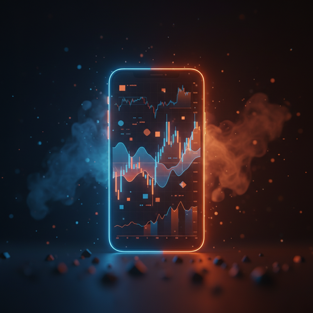 Smartphone display featuring a rising Bitcoin price chart for Robinhood Bitcoin trade analysis.