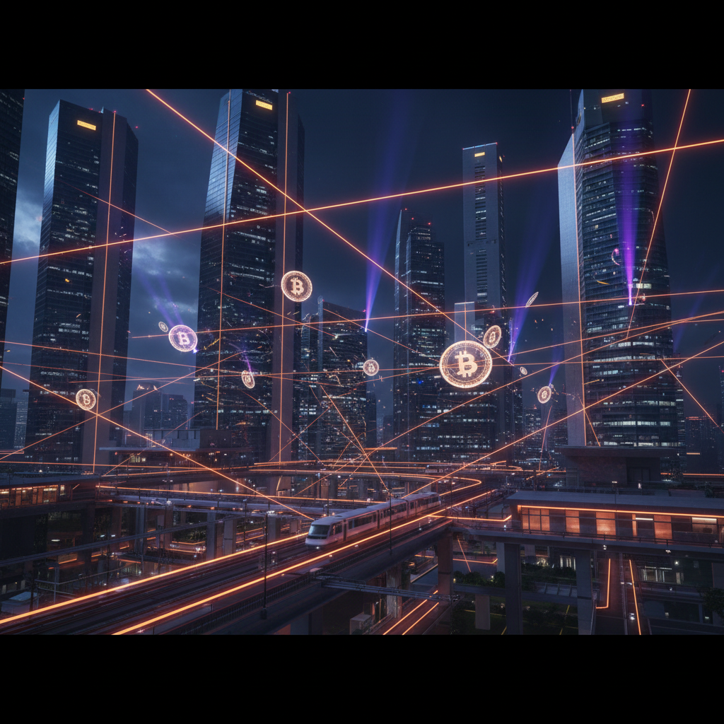 Futuristic financial network showing dtcpay stablecoin funding infrastructure with orange digital accents.