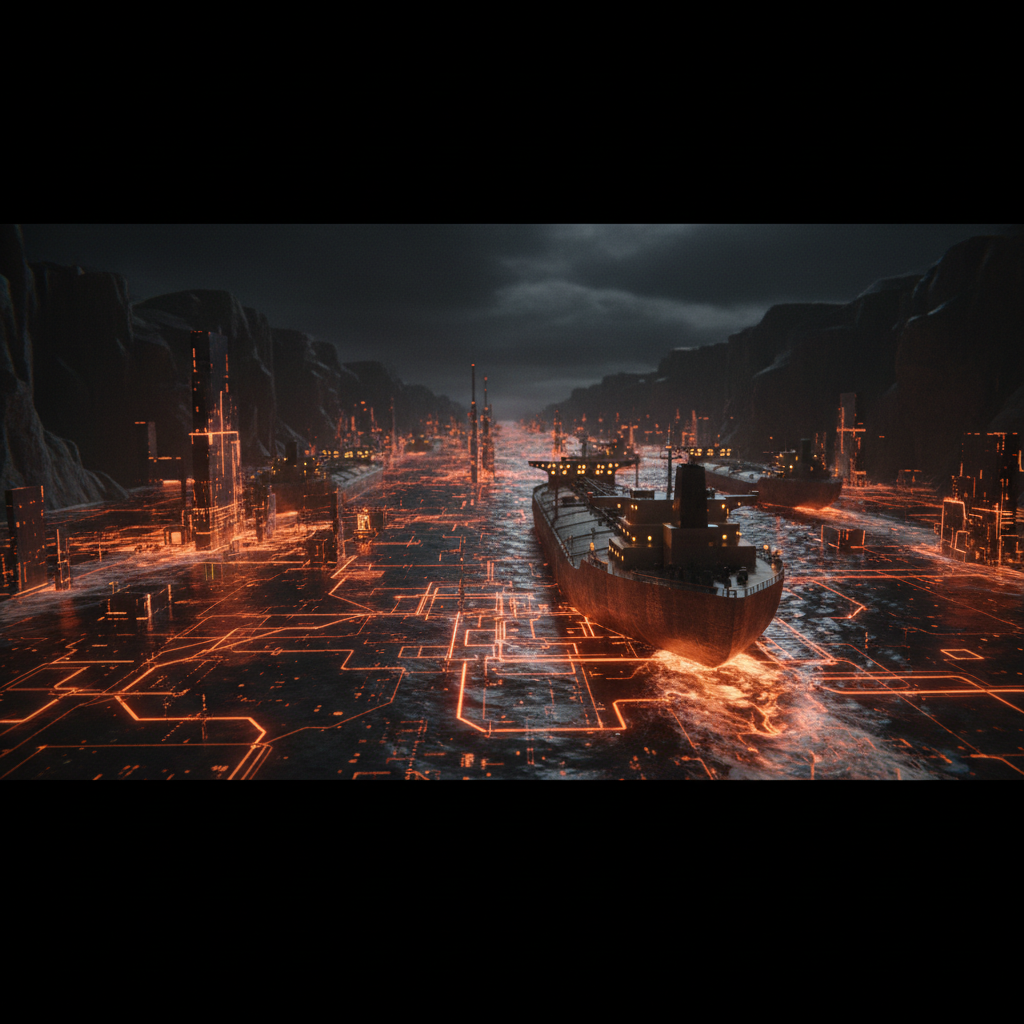 Digital cargo ships navigating dark waters under Iran crypto sanctions neon illumination