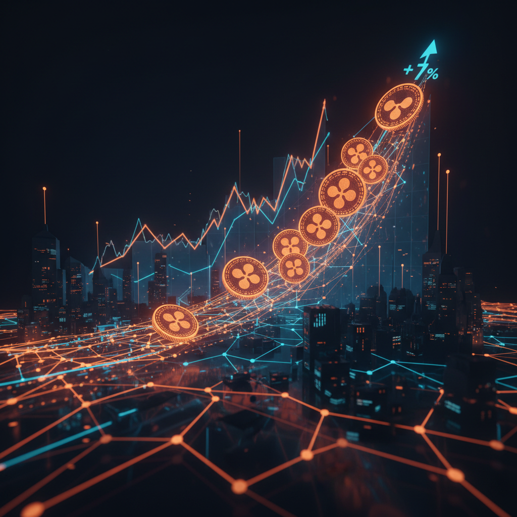 Ascending market chart illustrating the XRP price rebound surrounded by orange neon light.