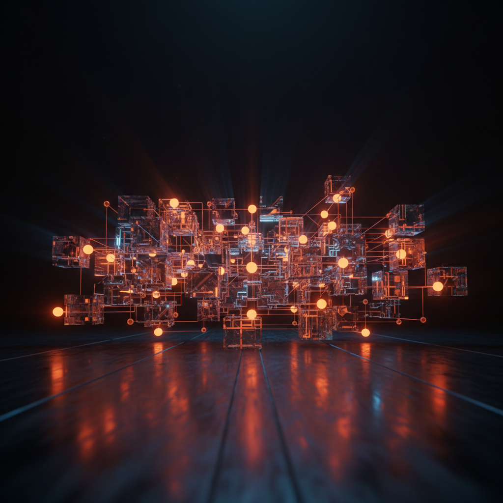 Digital interconnected blockchain ecosystem representing XRP Ledger adoption with glowing orange data flows.