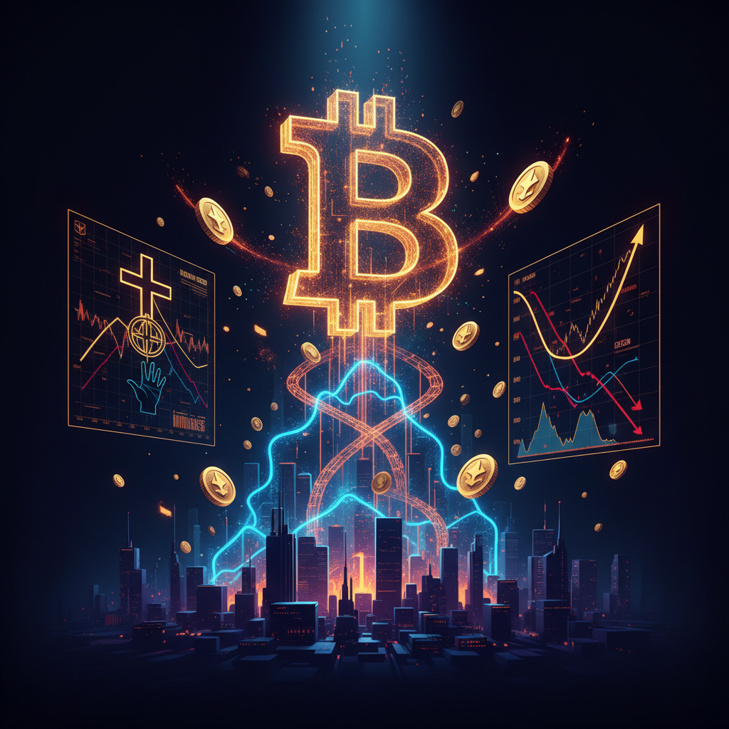 Upward trending financial chart highlighting a Bitcoin golden cross rally with orange neon indicators.