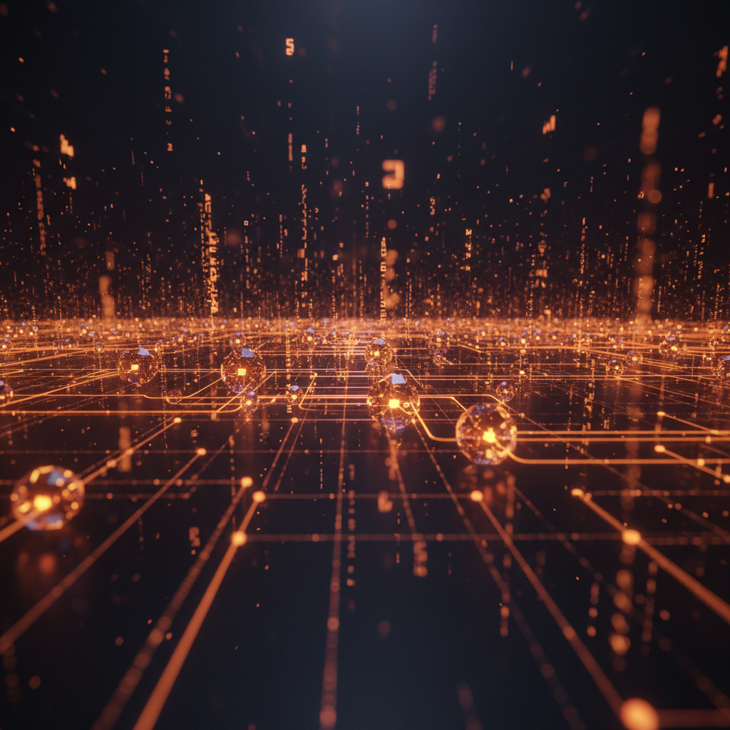 Futuristic digital network showing hidden code and blockchain malware dead drops.
