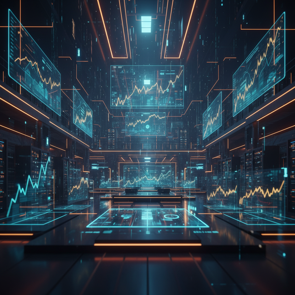 Trading chart screens displaying a crypto market surge with vibrant orange neon lighting.