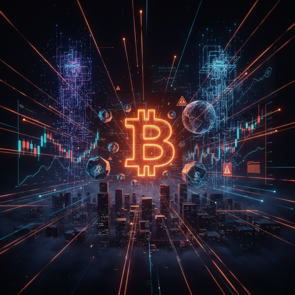 Futuristic financial circuitry depicting artificial intelligence risk with orange neon accents.
