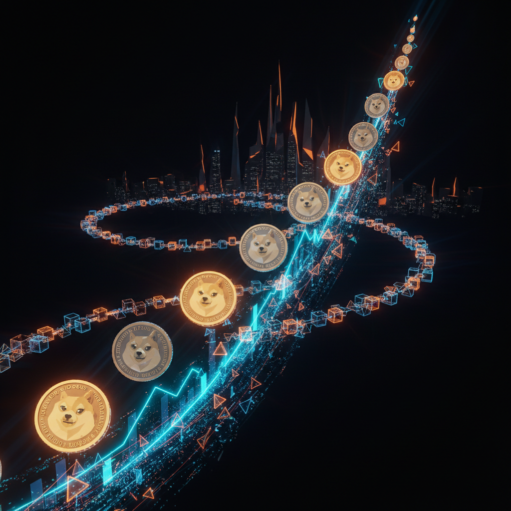 Trading charts signaling a sudden Dogecoin price rebound with bright orange neon candlestick patterns.