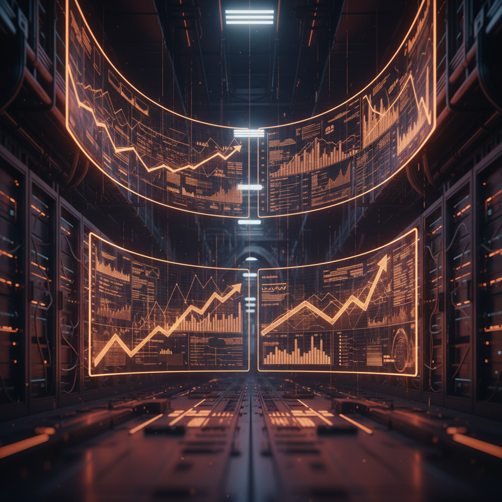 Glowing financial monitors displaying Bitcoin ETF inflows on an institutional trading floor.