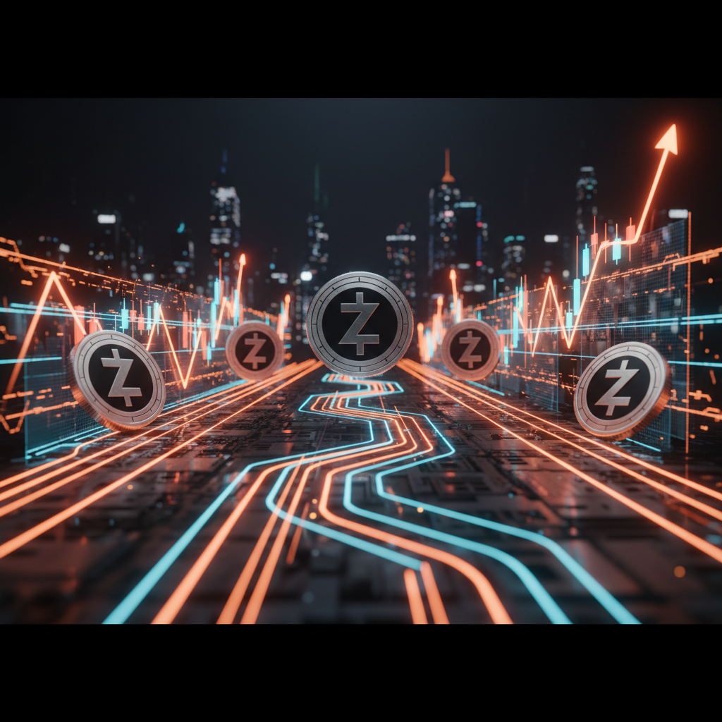 Digital trading screens visualizing the Zcash ETF split against a dark neon glowing background.