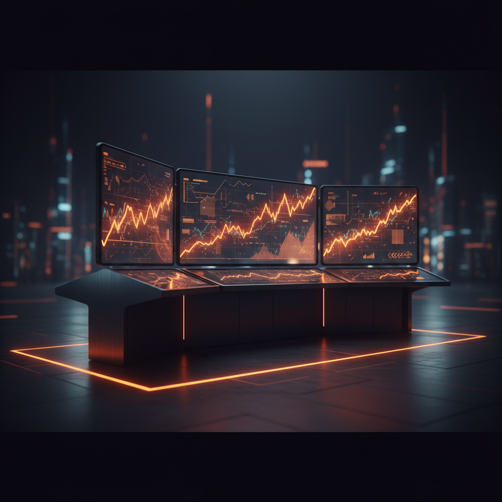 Trading floor screens depicting US stock perpetuals data with orange neon derivative charts.
