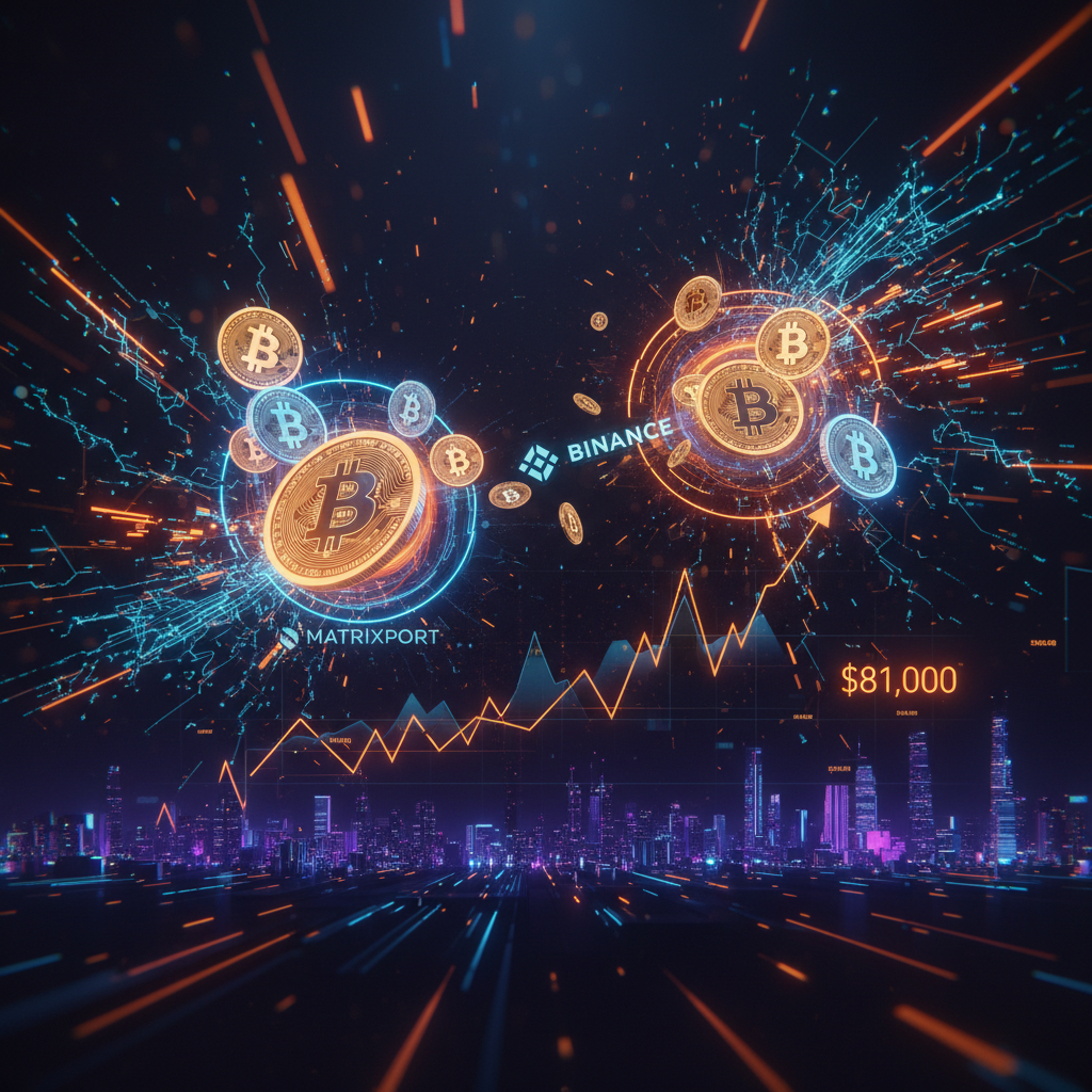 Digital vault releasing cryptocurrency tokens during a Matrixport Bitcoin transfer with orange neon lighting.