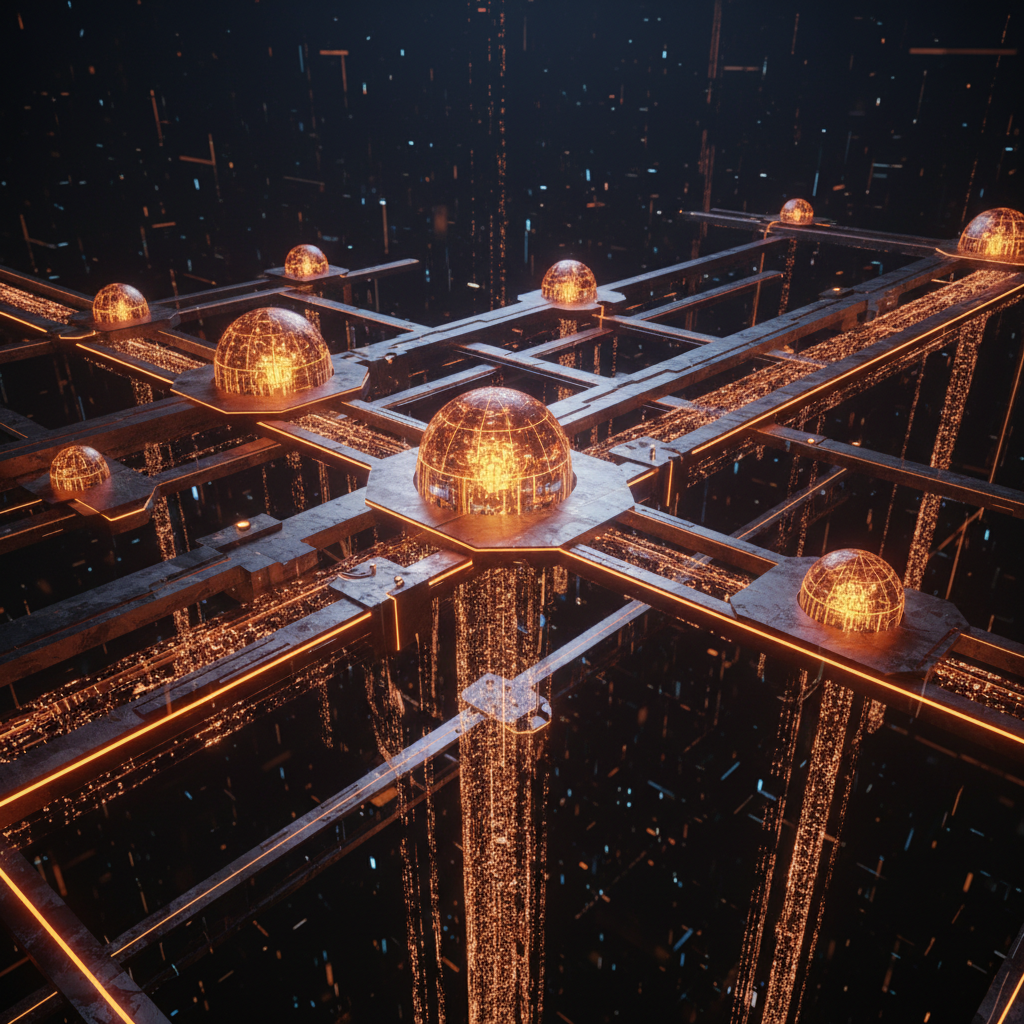 Glowing digital nodes illustrating falling Robinhood Chain fees against a sleek modern backdrop