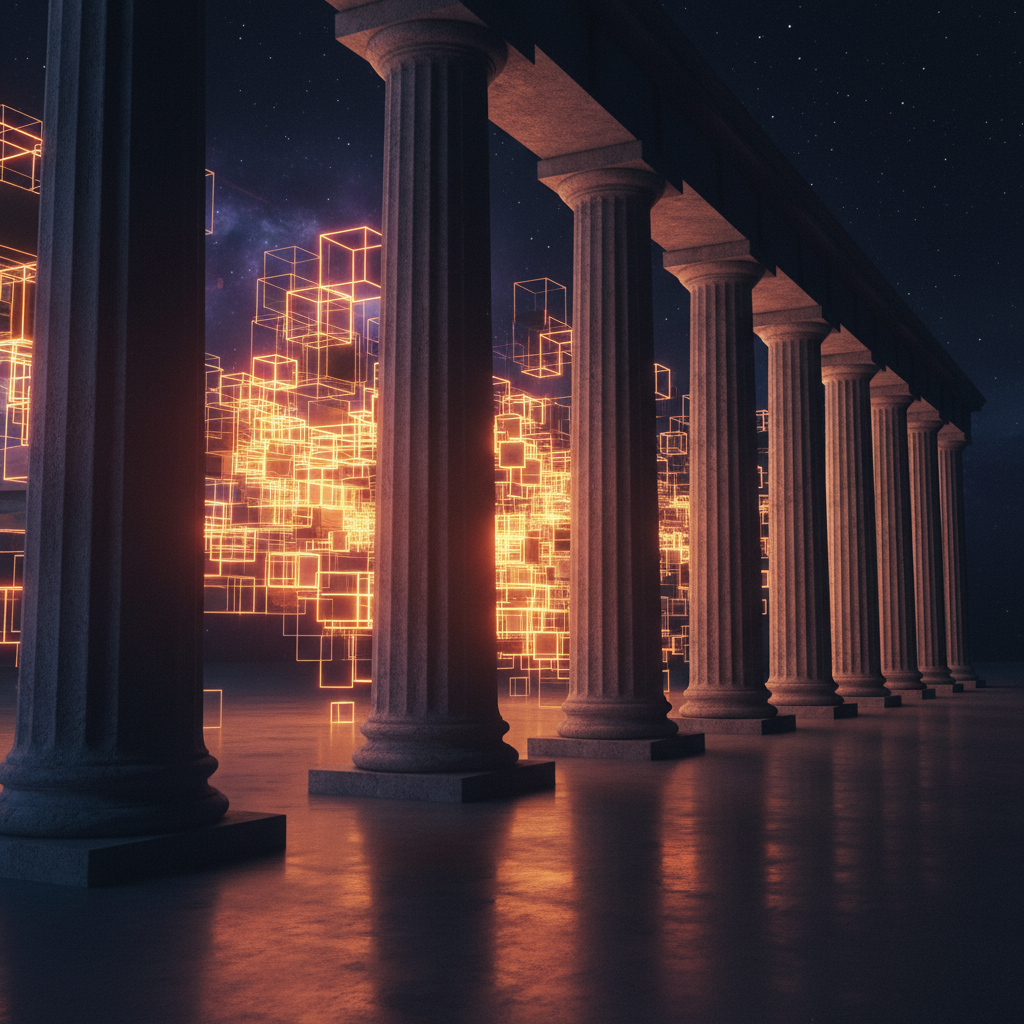 Government capitol pillars reflecting neon orange digital patterns after the Clarity Act defeat.